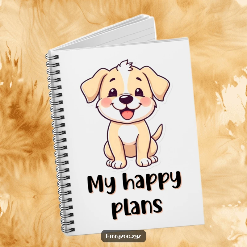 Funny puppy notebook, character excitedly wagging its tail, blank pages for notes, happy journal, ideal funny gift.