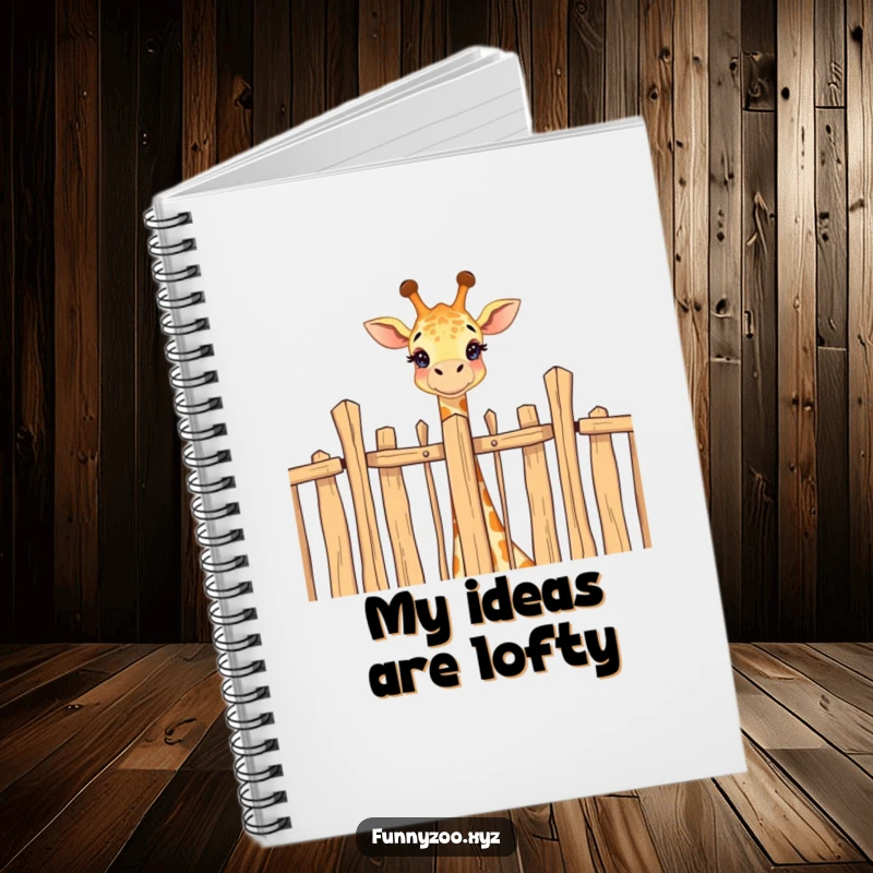 Funny notebook cover depicting a happy giraffe peeking over a fence, symbolizing curiosity and cheerful observation.