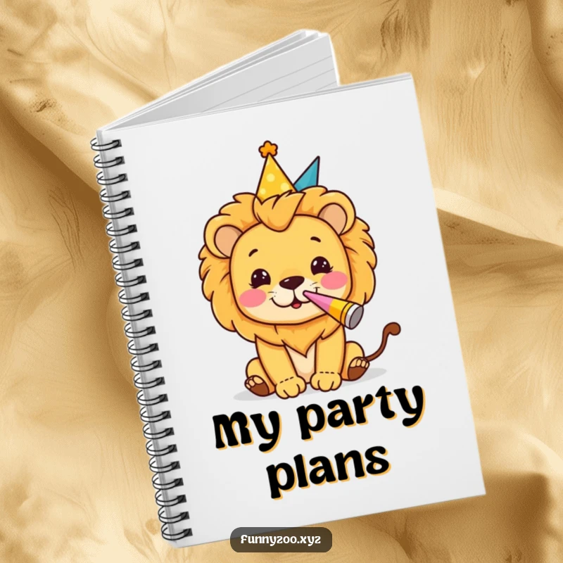 Funny notebook with a lion character in a party hat blowing a party horn, ideal for jotting down event plans.