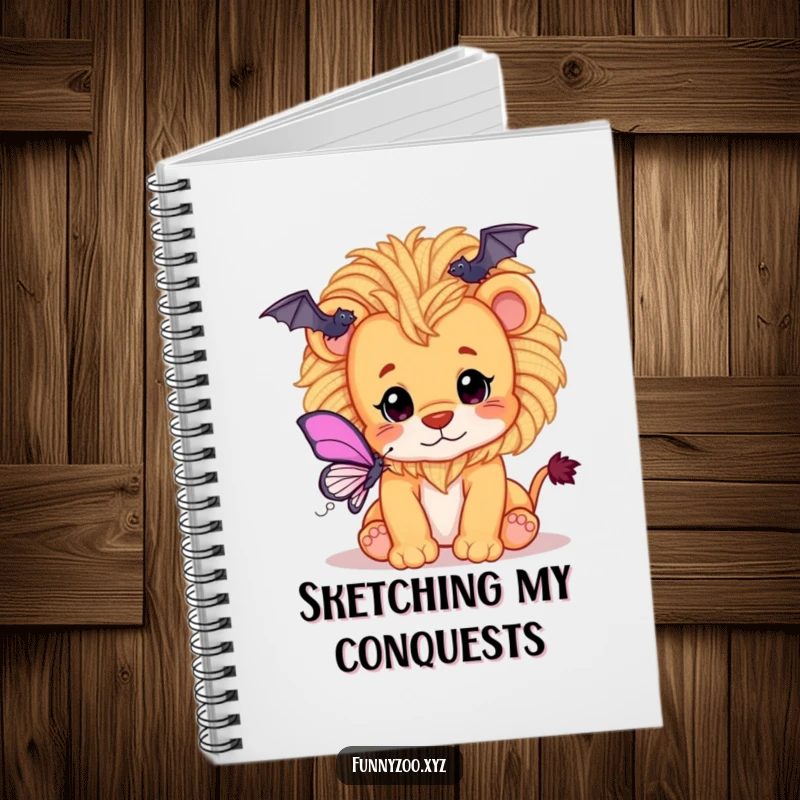 Funny notebook with a playful lion cub with a yarn mane, batting at a butterfly, inspiring creativity.