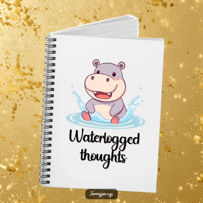 Funny Notebook with a jolly hippo character splashing enthusiastically in water, designed for notes and ideas with a humorous aquatic theme.