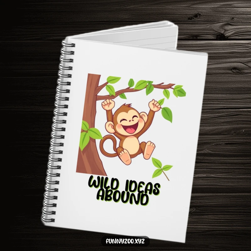 Funny monkey notebook with a laughing primate swinging from a vine, great for journaling.
