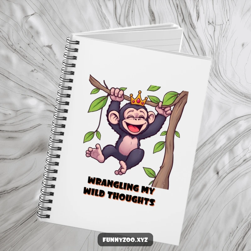 Funny notebook with a giggling crowned chimpanzee swinging energetically from a vine, inspiring creative and humorous writing.