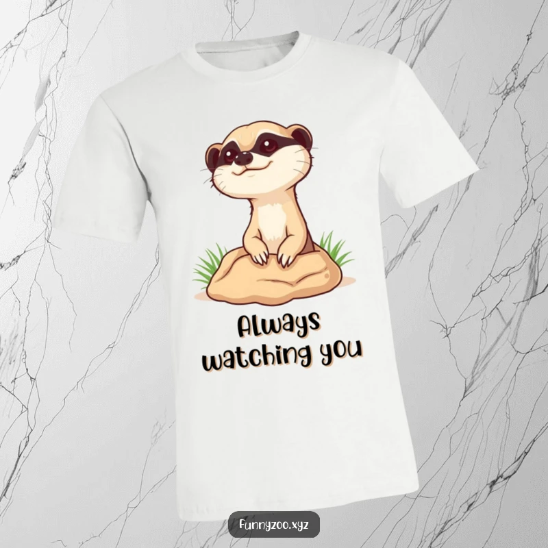 Funny curious meerkat t-shirt, showing a meerkat popping its head out of a burrow, looking alert and inquisitive.
