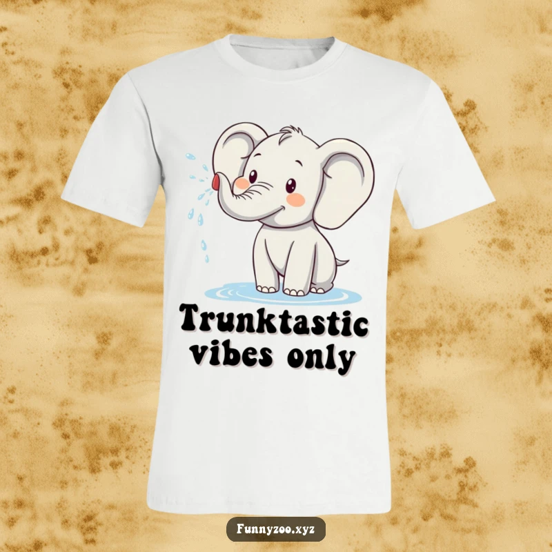 Funny elephant t-shirt featuring a cheerful elephant character in the act of spraying water, radiating pure joy and playful energy.