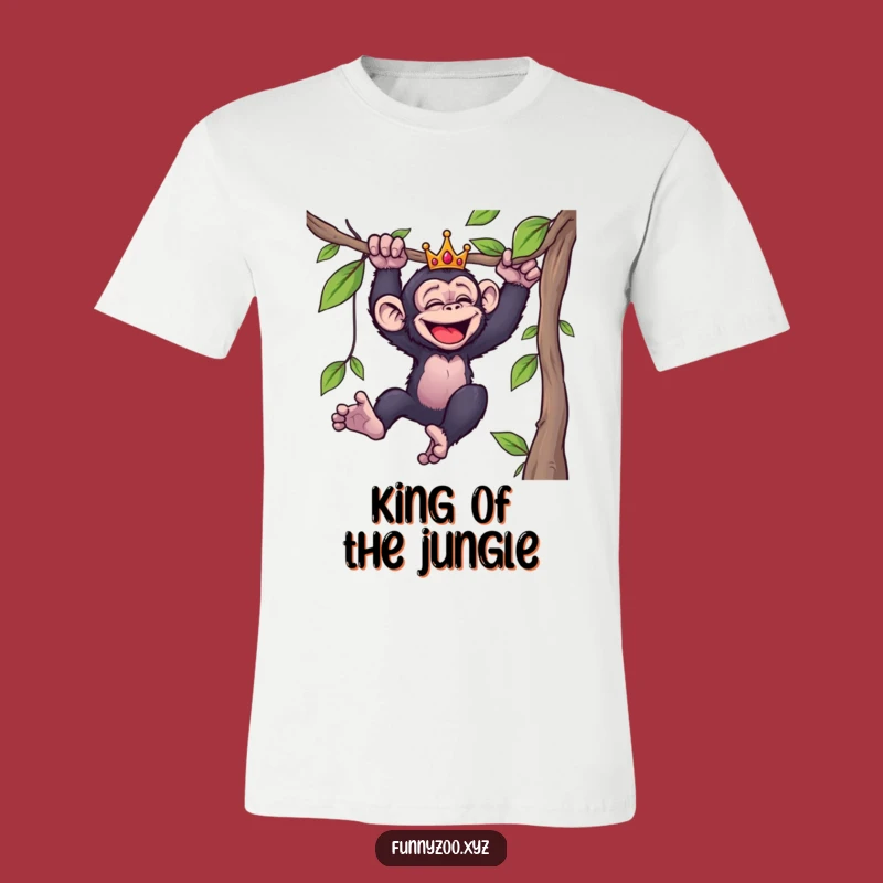 Funny Giggling Chimp T-Shirt: Wearable Humor with a Crowned Primate Swinging Wildly