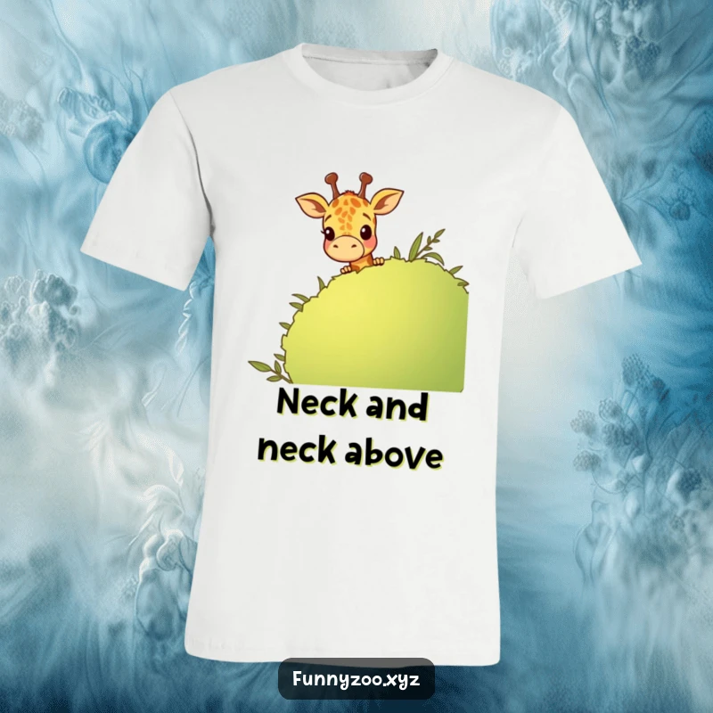 Funny cartoon giraffe with big eyes peeking over a vibrant green bush, showcasing curiosity and humor on a t-shirt.