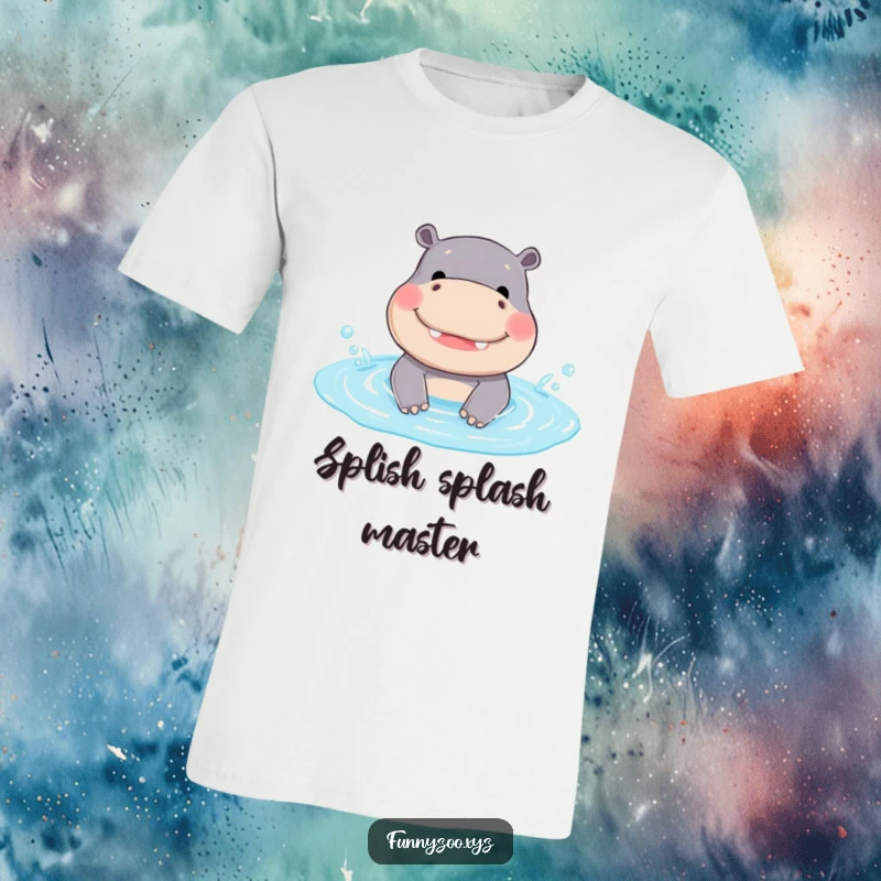 Funny Hippo T-Shirt: A smiling hippo gleefully splashes in a tiny pool, showcasing a funny, carefree, and happy personality.
