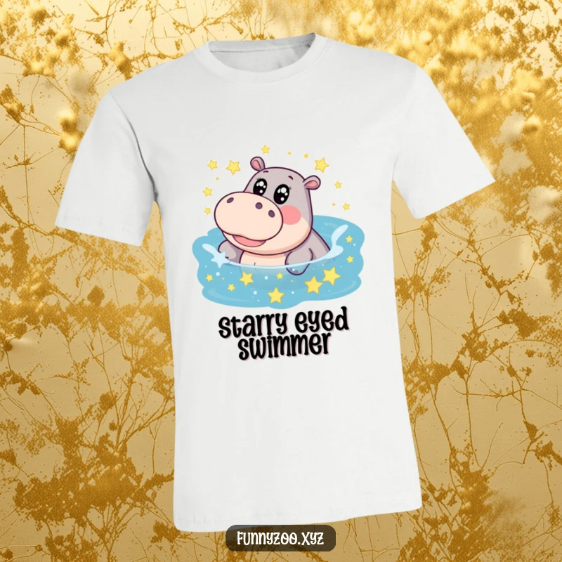 Funny hippo t-shirt, big eyes wide with delight, giggling while splashing in a star-filled pool, embodying carefree happiness.