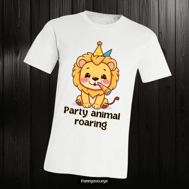 Funny t-shirt with a lion character wearing a small party hat and blowing a party horn, ready for a celebration.