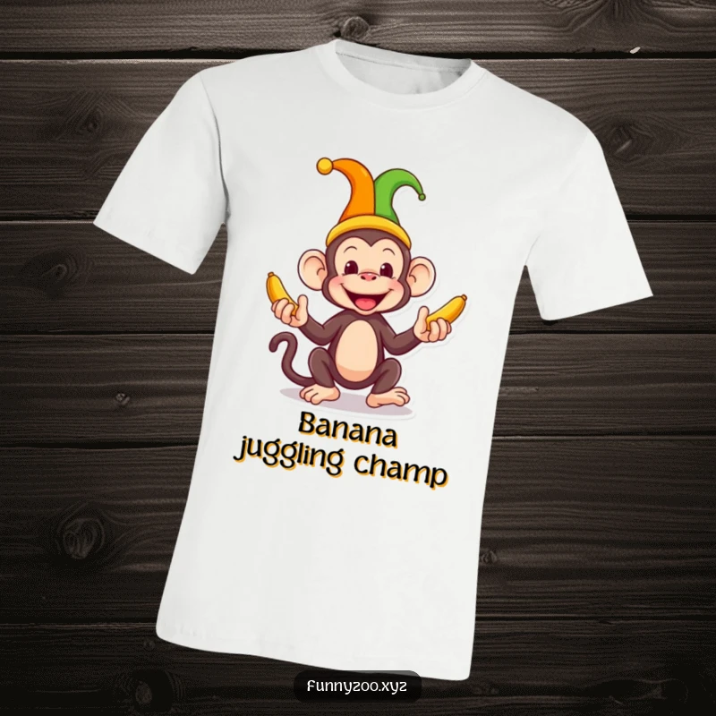 Funny Monkey Jester T-Shirt a comical monkey in a jester hat juggles bright bananas, radiating playful energy and mischievous humor.