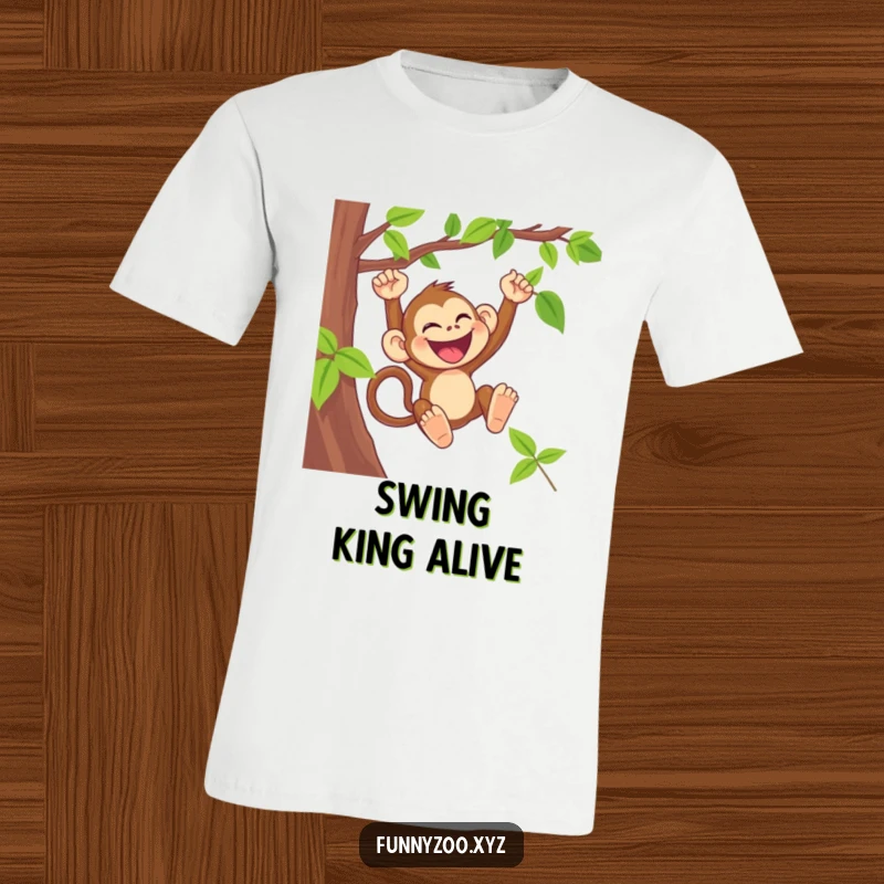 Funny monkey t-shirt featuring a laughing primate swinging gleefully from a vine, full of energy.
