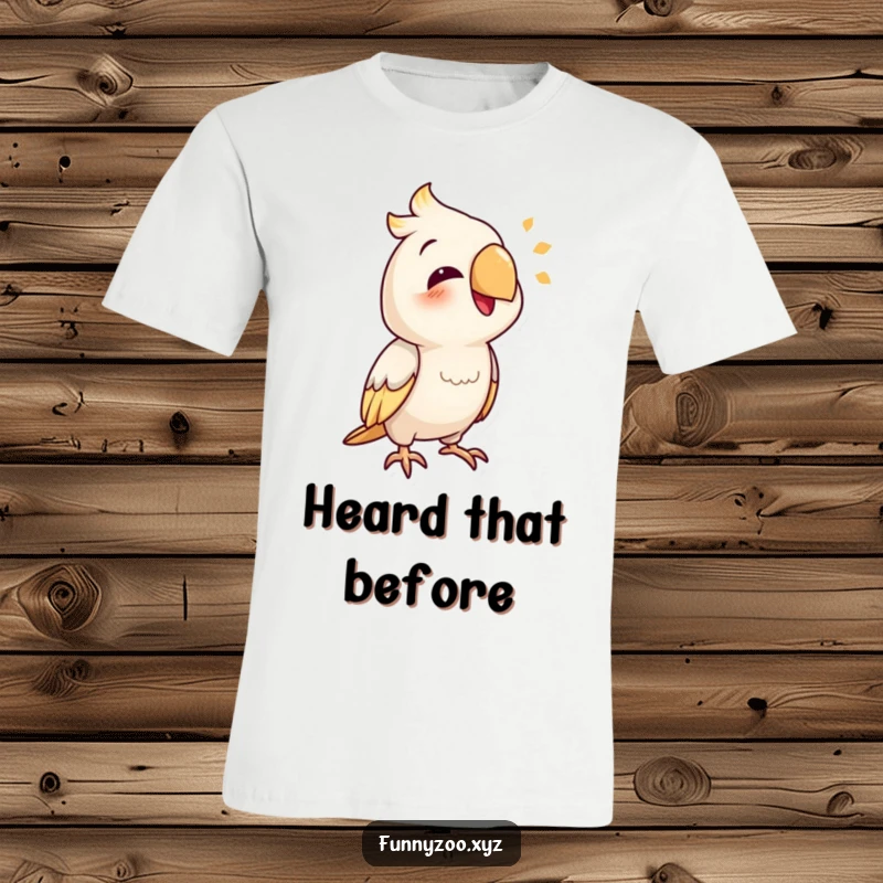 Funny parrot t-shirt depicting a cheerful bird character mimicking an audible, comical sound.