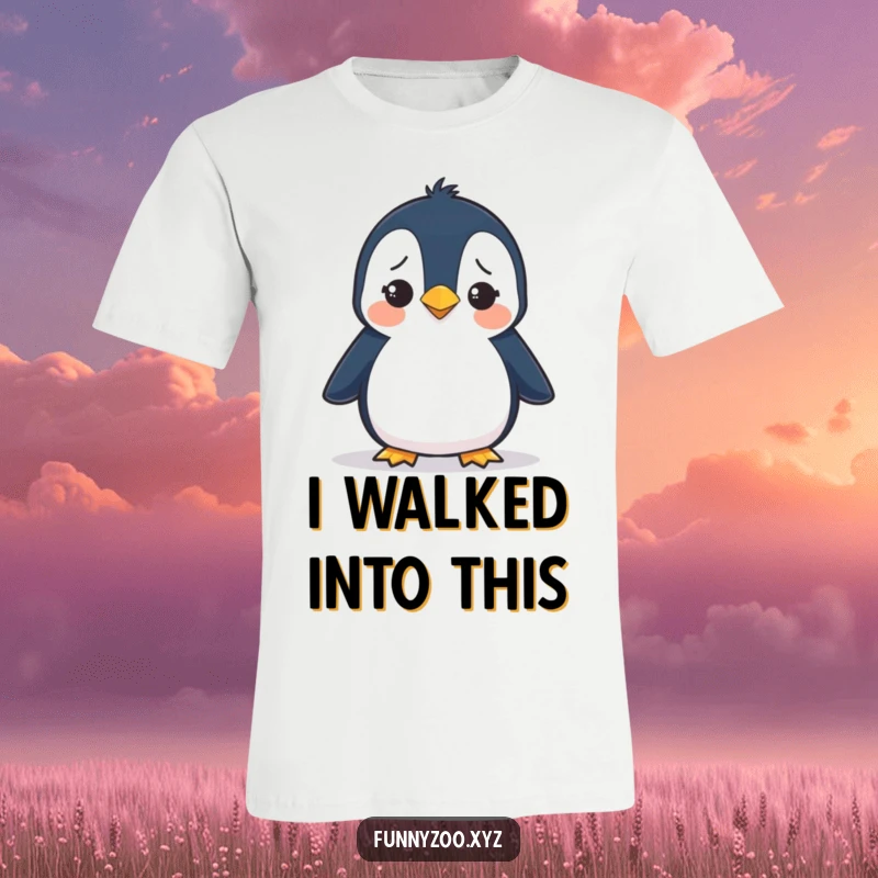 Funny t-shirt illustrating a silly penguin waddling with a visibly confused expression, capturing a moment of delightful awkwardness.
