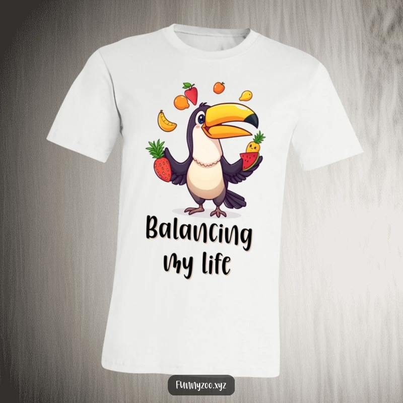 Funny Toucan Juggler T-Shirt: Hilarious bird character comically juggling various colorful fruits with a mischievous grin.