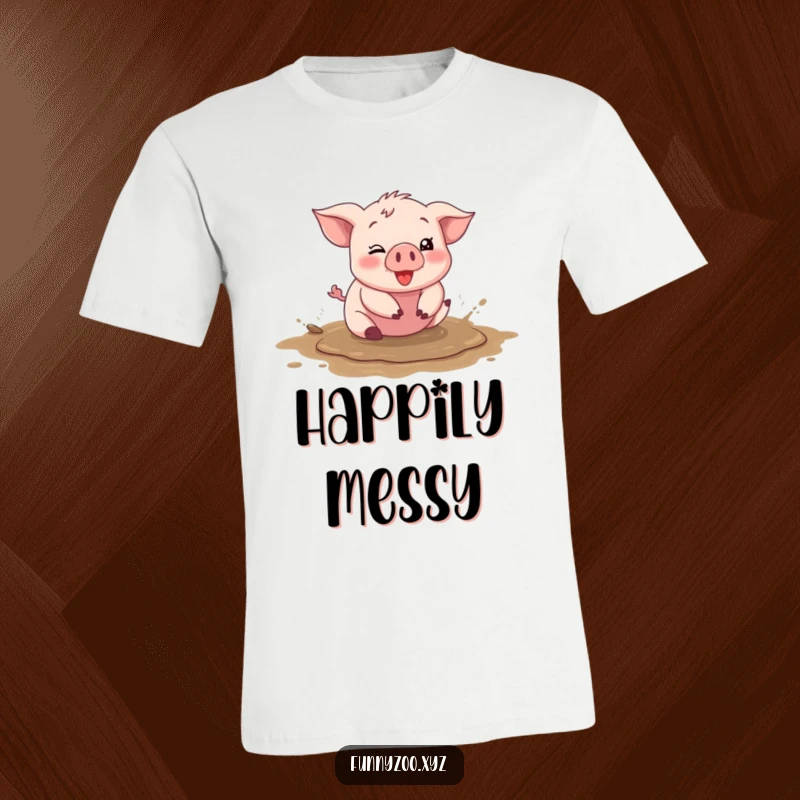 Funny piglet t-shirt, character happily rolling in a mud puddle, silly and cheerful, great funny gift.