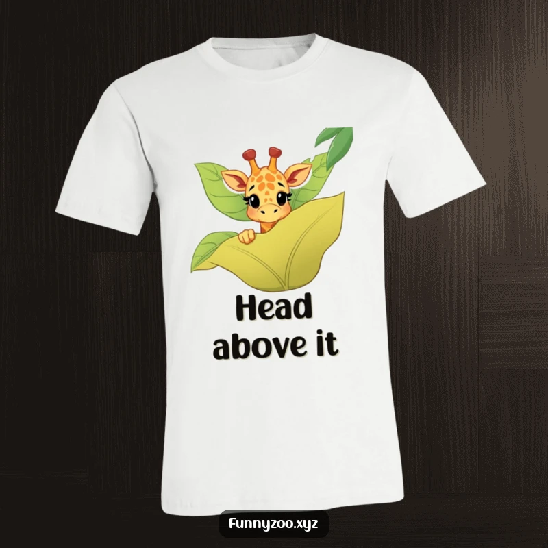Funny giraffe t-shirt showing a happy character curiously peeking from behind a giant, stylized jungle leaf.