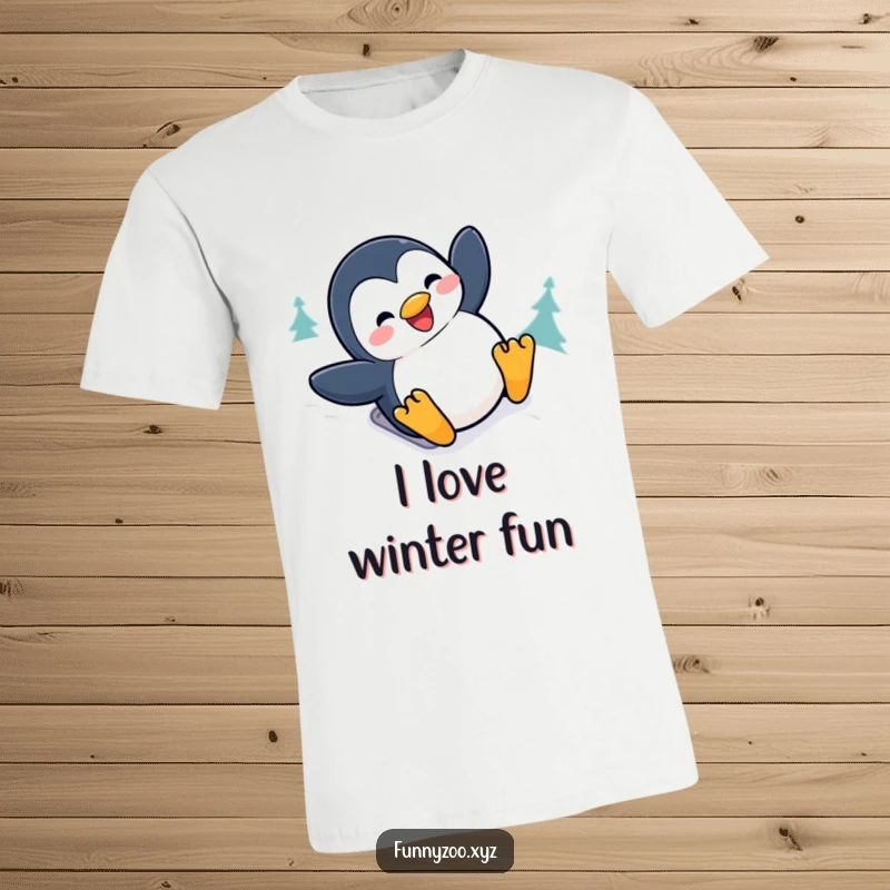 Funny penguin t-shirt showing a happy character sliding down a snowy hill with a big grin, perfect for winter enthusiasts.