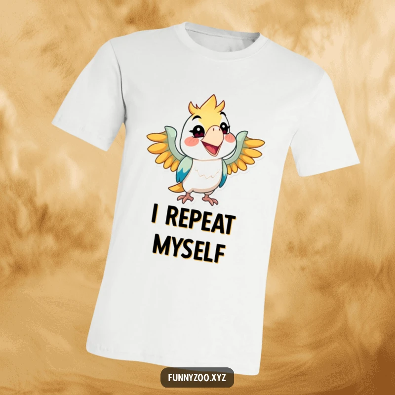 Funny parrot t-shirt, character squawking with a wide grin, mischievous and vibrant, great funny gift.