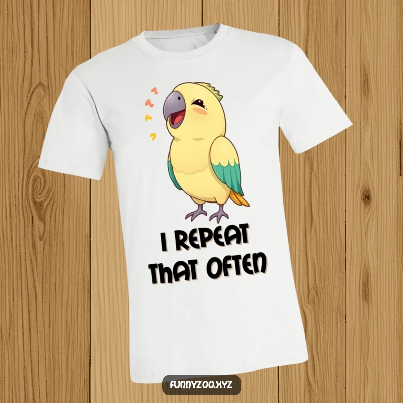 Funny t-shirt print of a parrot making a funny sound, with its beak open in mimicry, a comical avian performance.