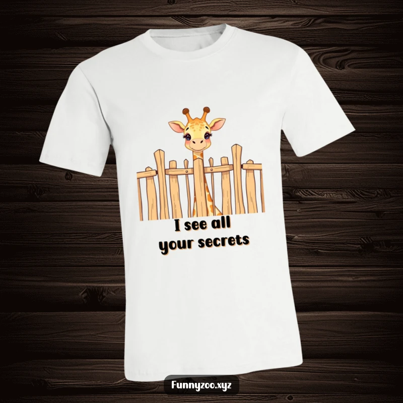 Funny t-shirt featuring a jubilant giraffe's head extending over a high fence, symbolizing joy and playful curiosity.