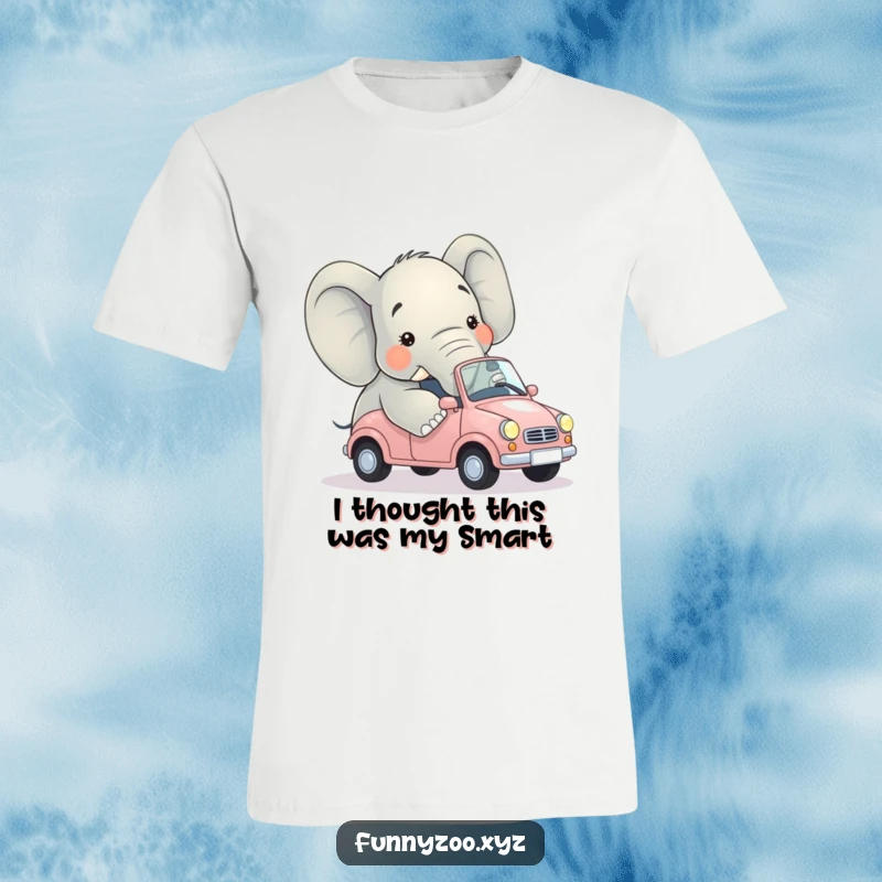 Funny t-shirt depicting a colossal elephant comically attempting to enter a miniature automobile, expressing pure bewilderment.