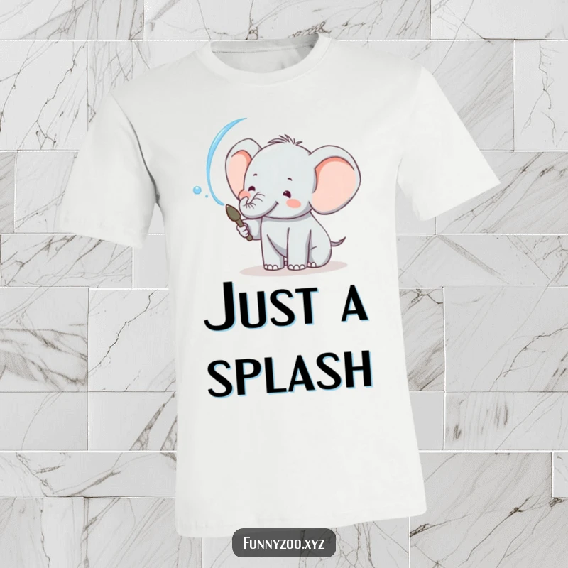 Funny elephant t-shirt showing a happy character exuberantly spraying water in a playful arc, full of joy.