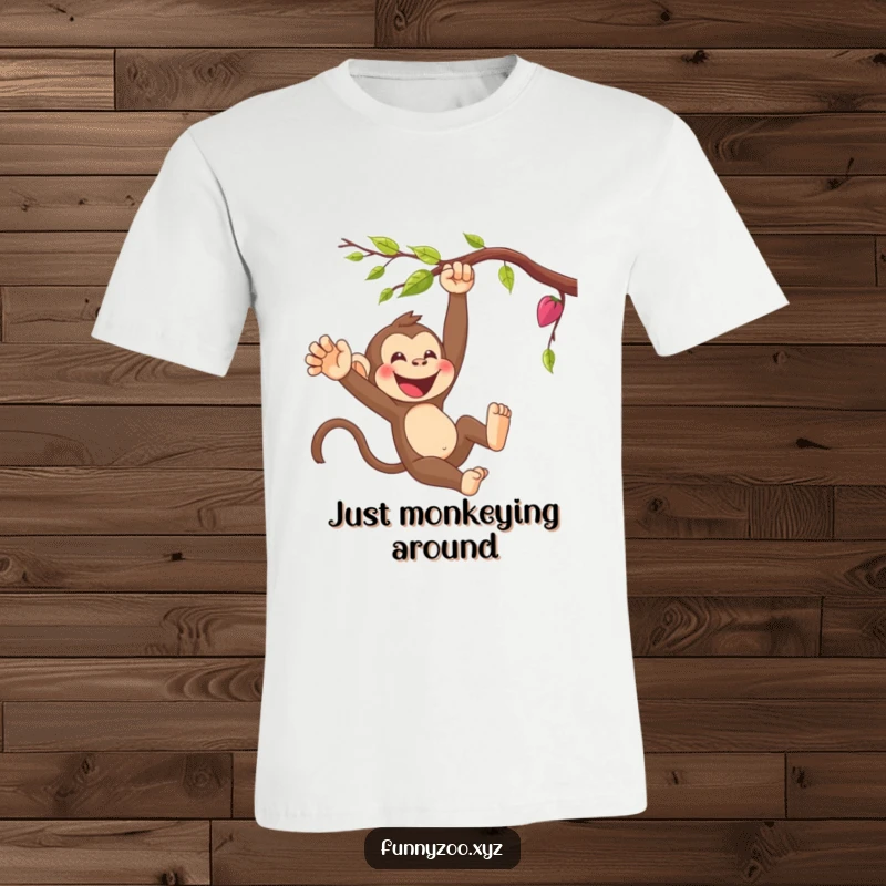Funny cartoon monkey swinging from a vine on a t-shirt, showcasing its energetic and joyful personality. Great for animal lovers.