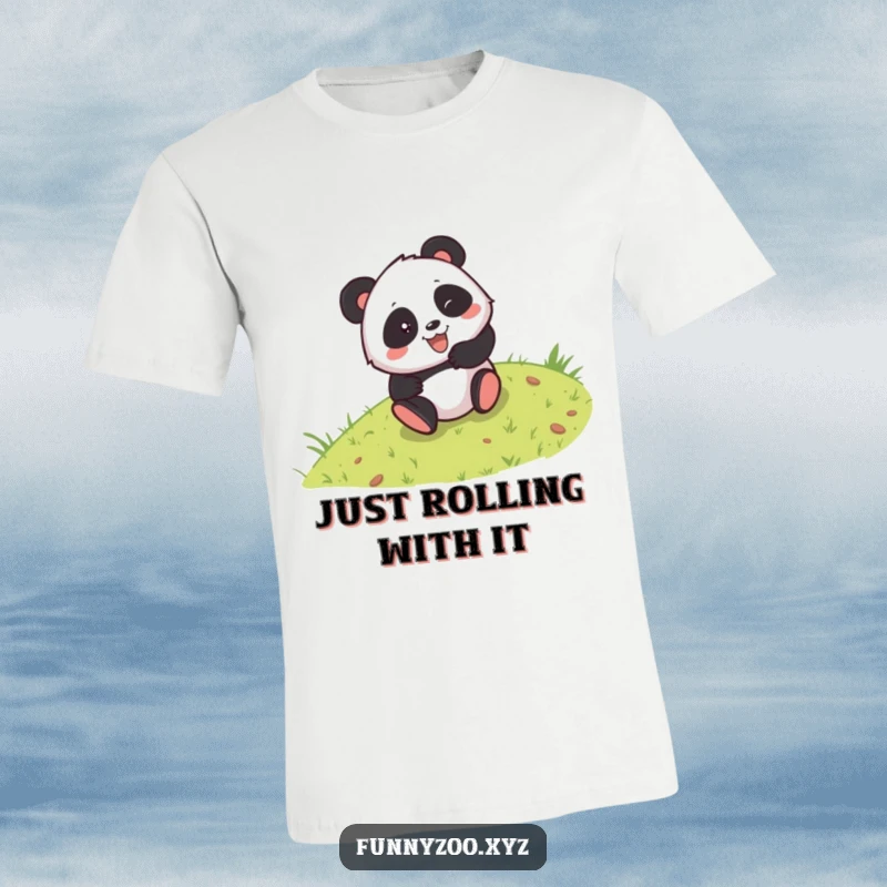 Funny t-shirt showcasing a mischievous panda character gleefully rolling down a grassy slope, capturing a moment of hilarious, uninhibited joy.