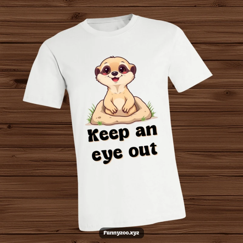 Funny T-Shirt with a happy meerkat popping out of its burrow, showcasing a joyful and humorous animal character design for all.