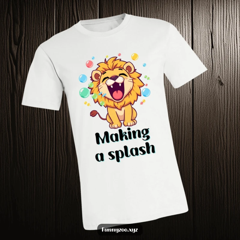 Funny lion t-shirt featuring a playful character roaring and blowing colorful bubbles, perfect for spreading whimsical cheer.