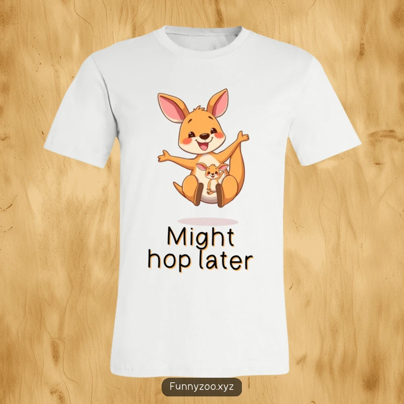 Funny Kangaroo T-Shirt: A beaming kangaroo character joyfully bouncing with her adorable joey peeking from her pouch, a symbol of happiness.