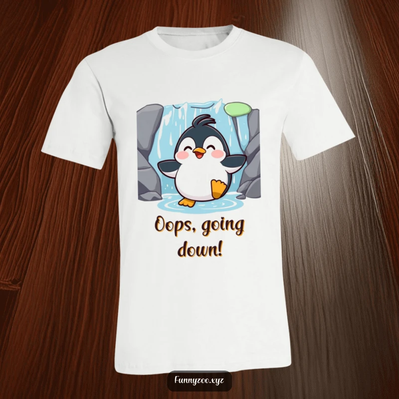 Funny Penguin Waterfall Slide T-Shirt: A comical penguin with slick feathers slides down a waterfall, depicted on a funny and exciting tee.