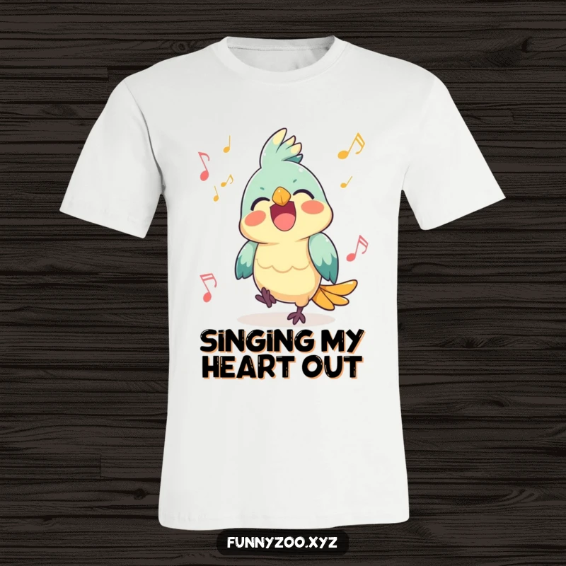 Funny Parrot T-Shirt: A joyous parrot squawking happily, surrounded by musical notes.