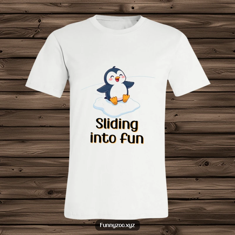 Funny cartoon penguin gleefully sliding down a snowy slope on a t-shirt. Captures pure winter joy and fun.