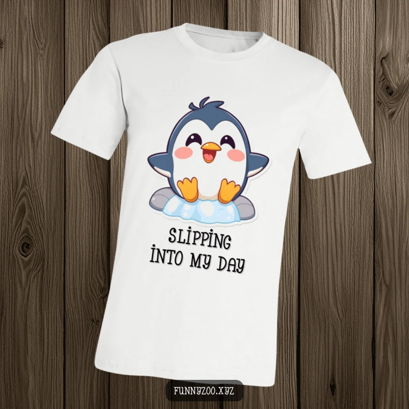 Funny Penguin Waterfall T-Shirt a shocked penguin with sleek feathers laughs as it slides down a waterfall, embodying exhilarating and humorous adventure.