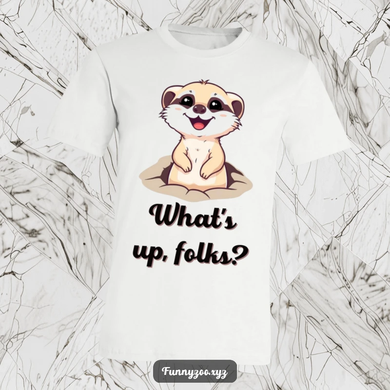 Funny t-shirt featuring a happy meerkat character peeking its head out of a hole, conveying curiosity and a cheerful demeanor.