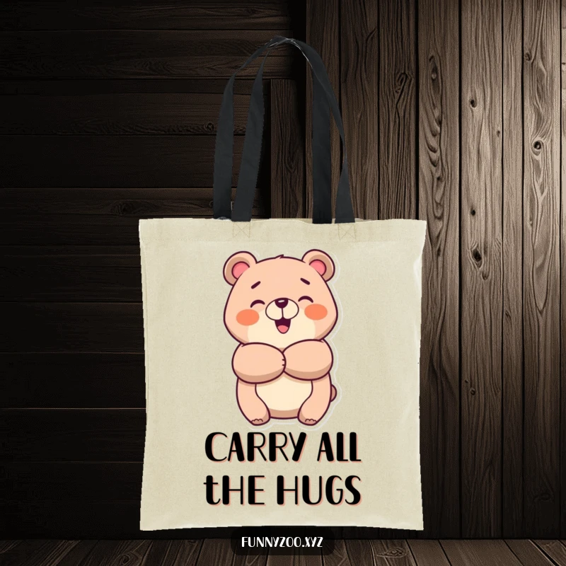 Funny cheerful bear tote bag, depicted giving a big, happy hug, perfect for carrying essentials with a smile.