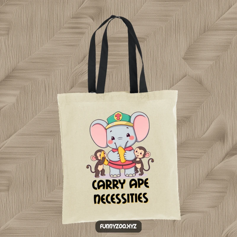 Funny Tote Bag: Cute elephant zookeeper offering banana to monkey, a humorous and practical accessory for daily use.