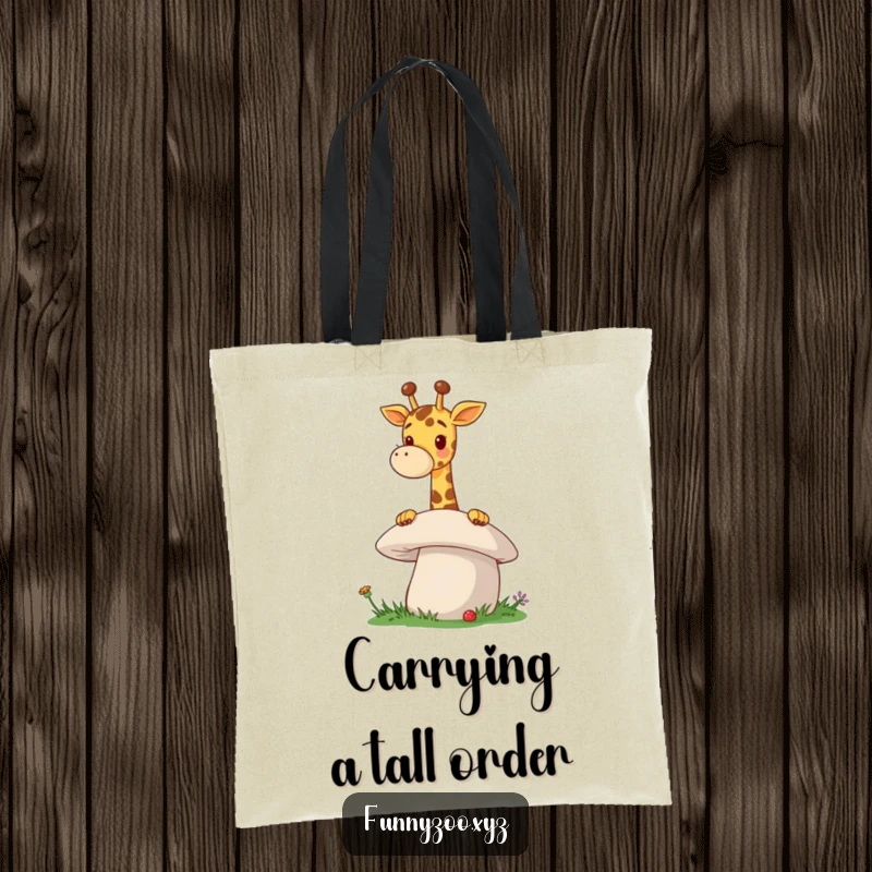 Funny Giraffe Mushroom Tote Bag a cheerful giraffe playfully peeks over a giant mushroom, making this bag a functional and humor-filled accessory.