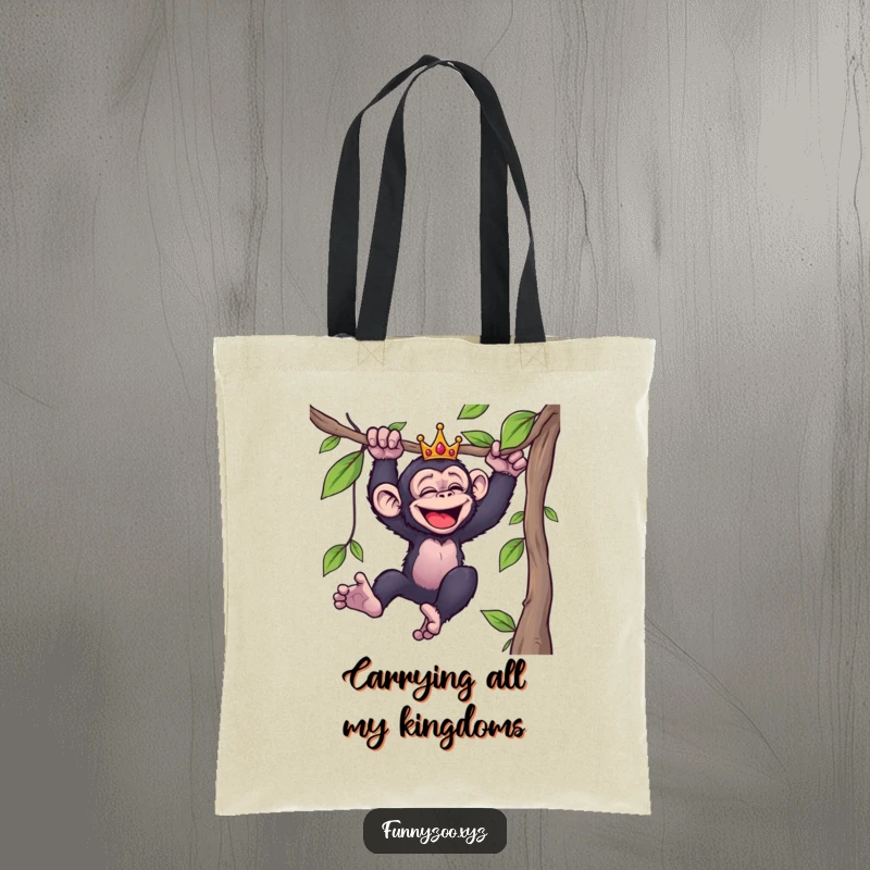Funny tote bag showcasing a giggling chimpanzee with a tiny crown, energetically swinging from a vine, ready for adventures.