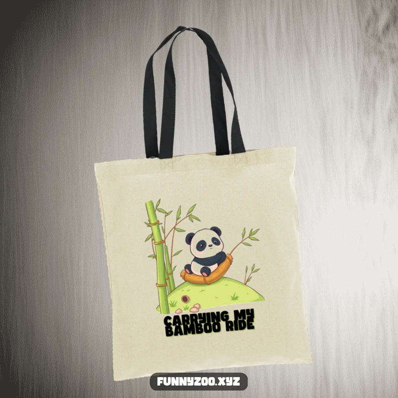 Funny Panda Tote Bag: A panda amusingly rolls down a hill within a giant bamboo stalk.