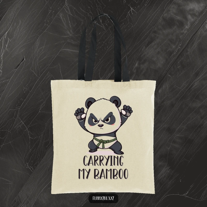 Funny panda tote bag, determined squint, practicing martial arts, embodying focused energy and a humorous dedication.