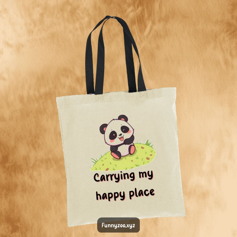 Funny tote bag depicting a mischievous panda tumbling down a grassy hill, ideal for carrying essentials with a side of pure amusement.