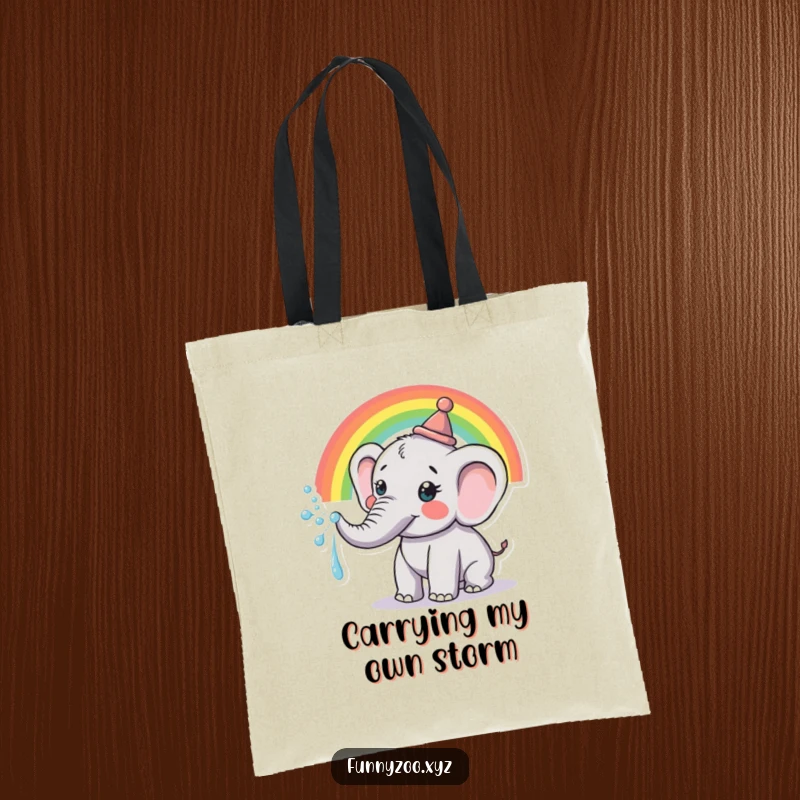 Funny Tote Bag: Sturdy bag featuring a happy elephant wearing a hat, spraying a vibrant rainbow from its trunk.