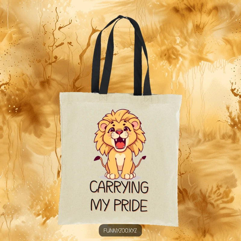 Funny lion cub tote bag featuring a determined lion cub cub practicing its majestic roar, perfect for carrying essentials with style.