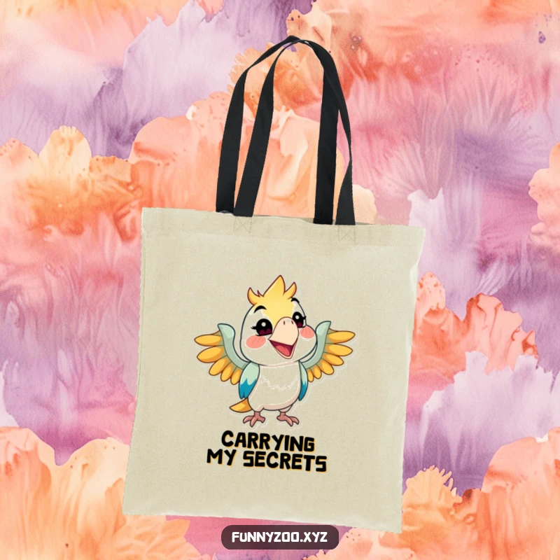 Funny parrot tote bag, character squawking with a wide grin, mischievous and stylish, ideal funny gift.
