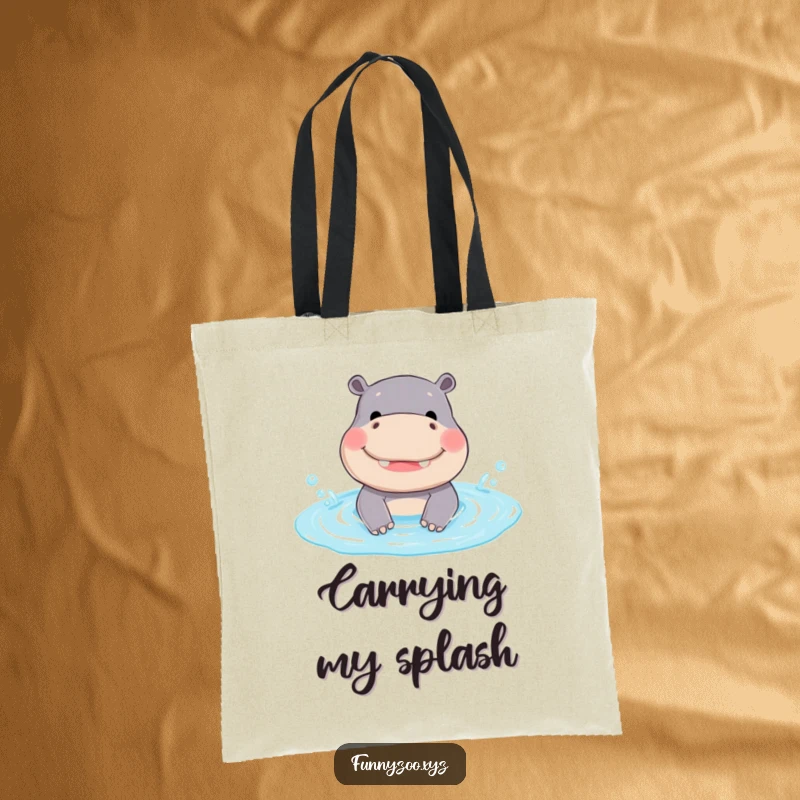 Funny Hippo Tote Bag: A smiling hippo splashes happily in a tiny pool, adding a touch of funny charm to this practical bag.