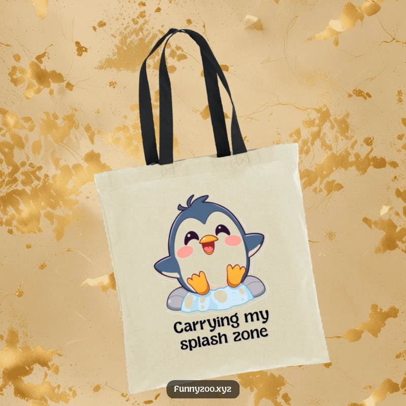 Funny Penguin Waterfall Tote Bag a surprised penguin with slicked feathers laughs as it slides down a waterfall, making this bag a humorous and functional accessory.