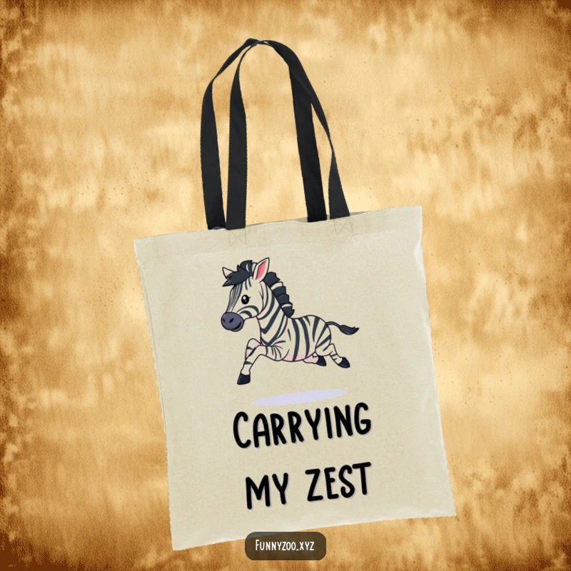 Funny tote bag depicting a playful zebra character galloping with legs kicking, perfect for carrying essentials with a spirited flair.